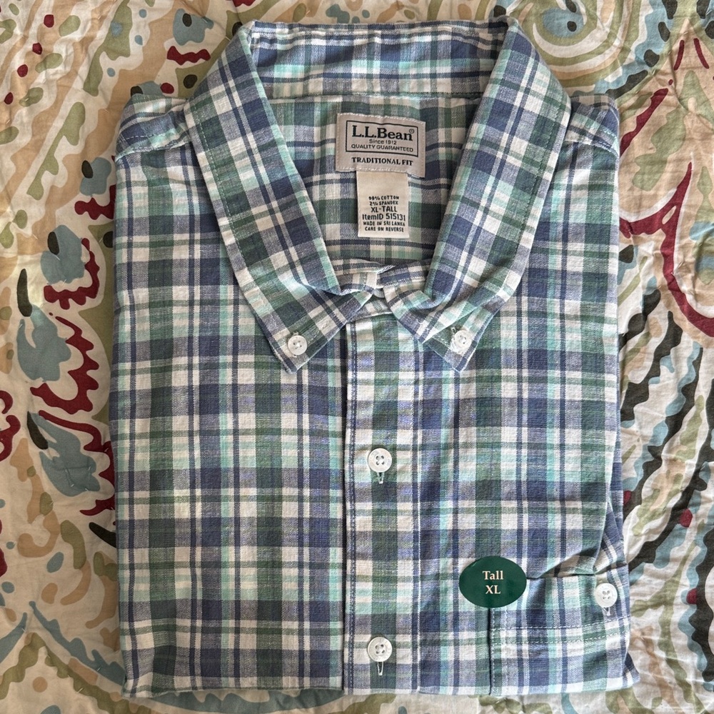 L.L. Bean Men's Blue and Green Checkered Shirt